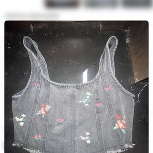 Embroidered Floral Denim Crop Top